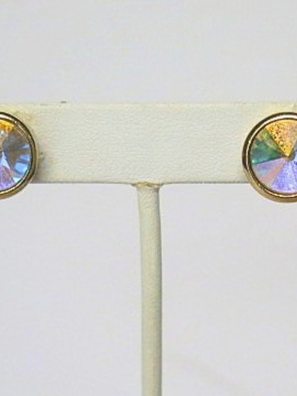 Iridescent Round Faceted Rhinestone Gold Tone Clip-On Earrings